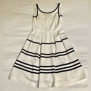 White dress with navy blue stripes